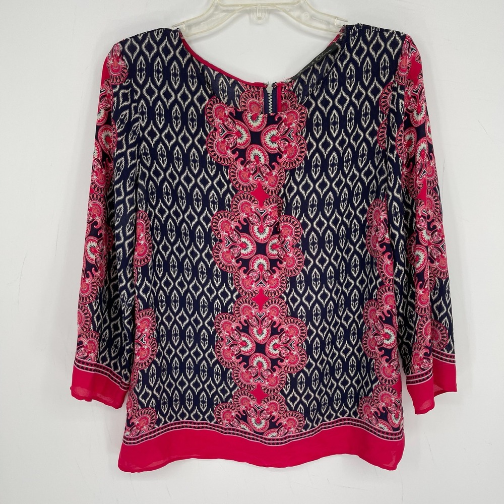 Rose & Olive Women's Pink Navy Medallion Ikat 3/4 Sleeve Peasant Blouse Size L